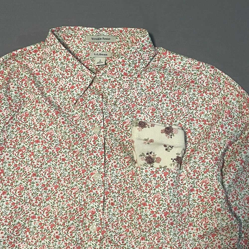 LL Bean Womens Small Pink Floral Casual Button Down Single Pocket Wrinkle Resist